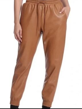bagatelle Faux Leather Joggers in Cognac Brown, Size L